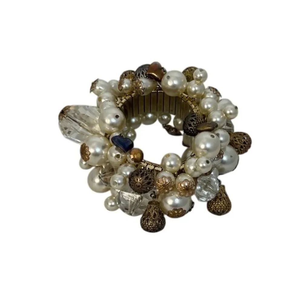 VTG Expansion Cha Cha Bracelet White Faux Pearl Crystal Filigree Dangle Beads